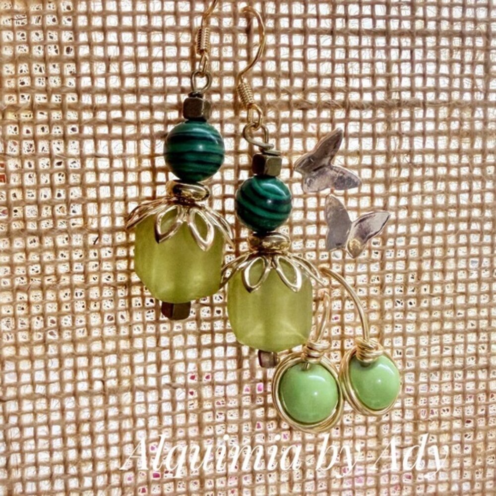 Green Malachite Earrings SET  | Vermeil Gold Floral Drops